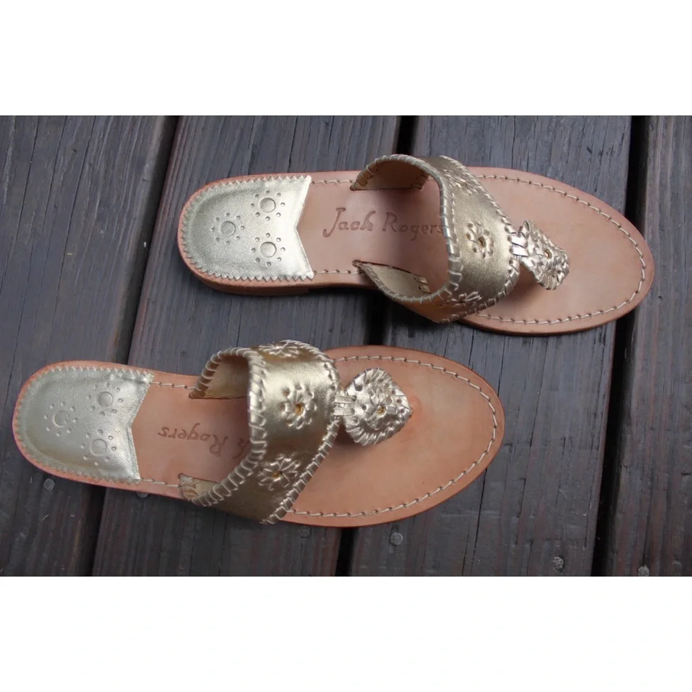 Jack Rogers Leather Flat Sandal Preowned 8.5 Platinum Gold